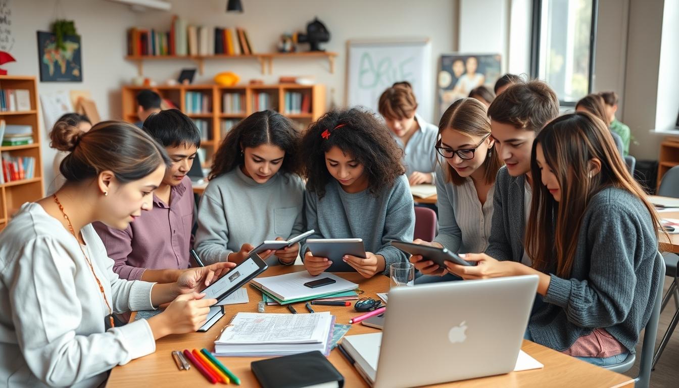 Students studying together in modern classroom